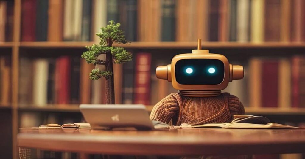 An artificial intelligence robot in a library sitting with an open laptop in front of it.
