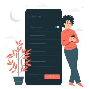 Drawing of a woman standing beside a life-size phone. It displays how to turn off accessibility (dark mode)