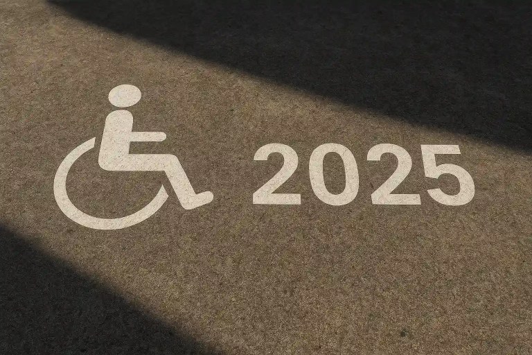 Pavement with accessibility logo and the text "2025"