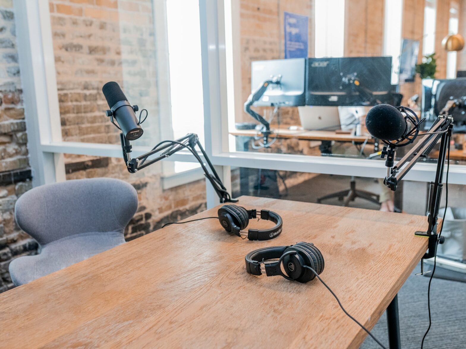 Podcast studio with mic on table