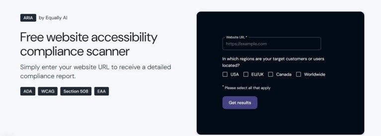 ARIA by Equally AI: Free website accessibility scanner with fields for URL, region selection, and a 'Get results' button