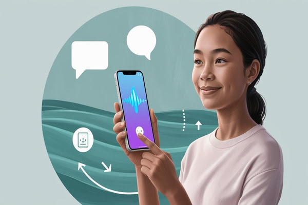 A minimalist design showing a person interacting with a voice assistant on their smartphone. The phone displays a waveform or _listening_ indicator.