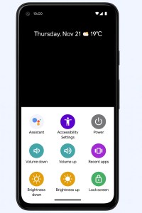 Android phone screen showing the date and weather above an accessibility menu with shortcuts like Assistant, volume, brightness, and lock screen.