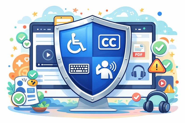 A computer with a shield symbol over it with various accessibility symbols and content symbols.