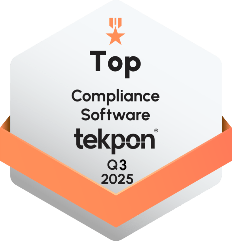 Hexagon-shaped award badge with an orange ribbon banner. The badge reads: 'Top Compliance Software – tekpon – Q3 2025,' with a star and medal icon at the top. The design signifies recognition for excellence in compliance software by Tekpon for the third quarter of 2025.