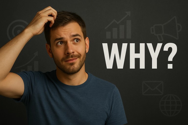 A man scratching his head in curiosity with a text that says "Why?"