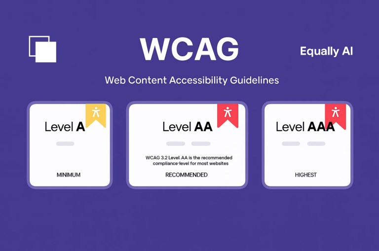 Infographic showing WCAG accessibility compliance levels with a purple background and Equally AI branding. It shows Level A as minimum, Level AA as recommended for most websites, and Level AAA as the highest compliance level.