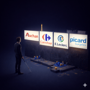 Composite image featuring iconic European landmarks: the Eiffel Tower from Paris, the Colosseum from Rome, and Big Ben from London, arranged together against a blue sky with clouds and greenery at the base. Superimposed in the sky are the logos of French supermarket chains—Auchan (red text with a green bird icon), Carrefour (blue text with a red and blue arrow symbol), E. Leclerc (blue text with an orange "L" circle), and Picard Surgelés (red oval with blue text).